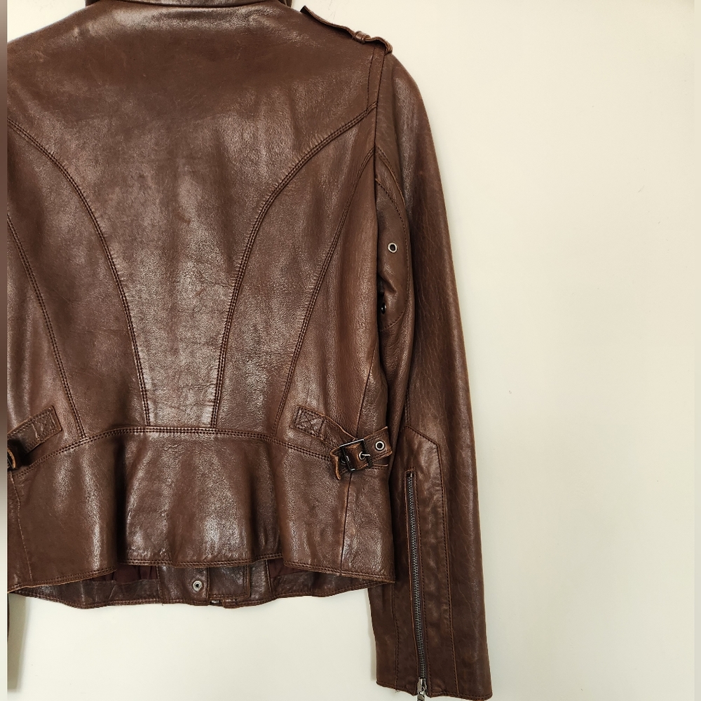 Marc New York Andrew Marc Brown Leather Funnel High Collar Jacket - Picture 7 of 15